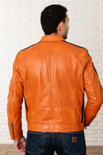 Vintage Biker Style Orange Leather Biker Collar Jacket - Image n°4