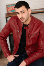 Supple lamb leather in Red Chili. Vegetable-tanned, biker collar. - Image n°1