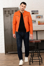 Bright orange biker collar leather jacket - Image n°7