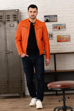 Orange lambskin jacket with biker collar and zipped sleeves. - Image n°3