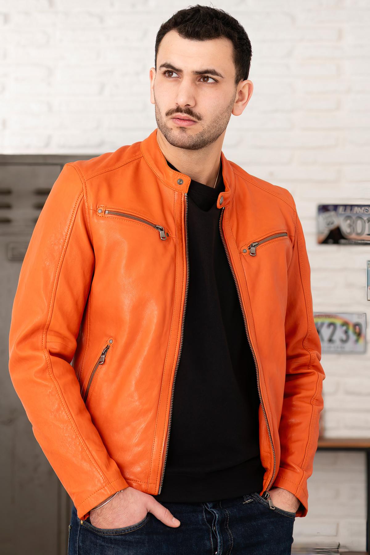Orange lambskin jacket with biker collar and zipped sleeves. - Image n°2
