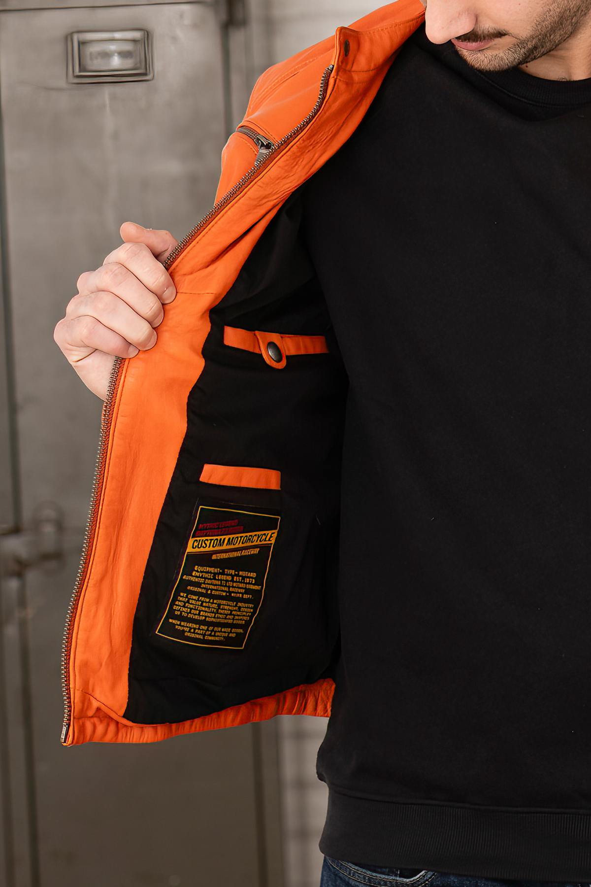 Bright orange biker collar leather jacket - Image n°4