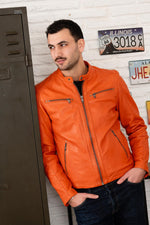 Bright orange biker collar leather jacket - Image n°1