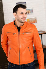 Orange lambskin jacket with biker collar and zipped sleeves. - Image n°6