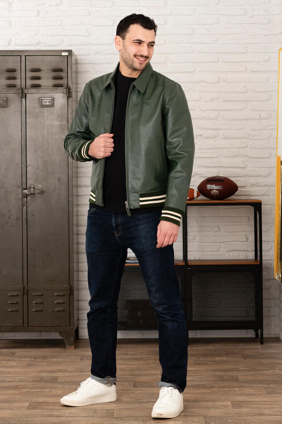Schott's cowhide leather varsity jacket, green and off-white stripes. - Image n°4