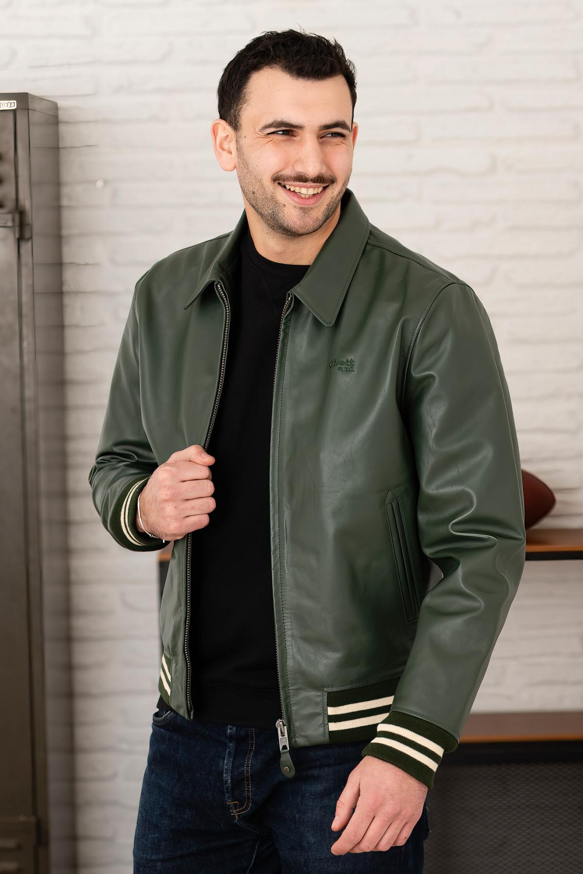 Green leather teddy jacket with shirt collar - Image n°7