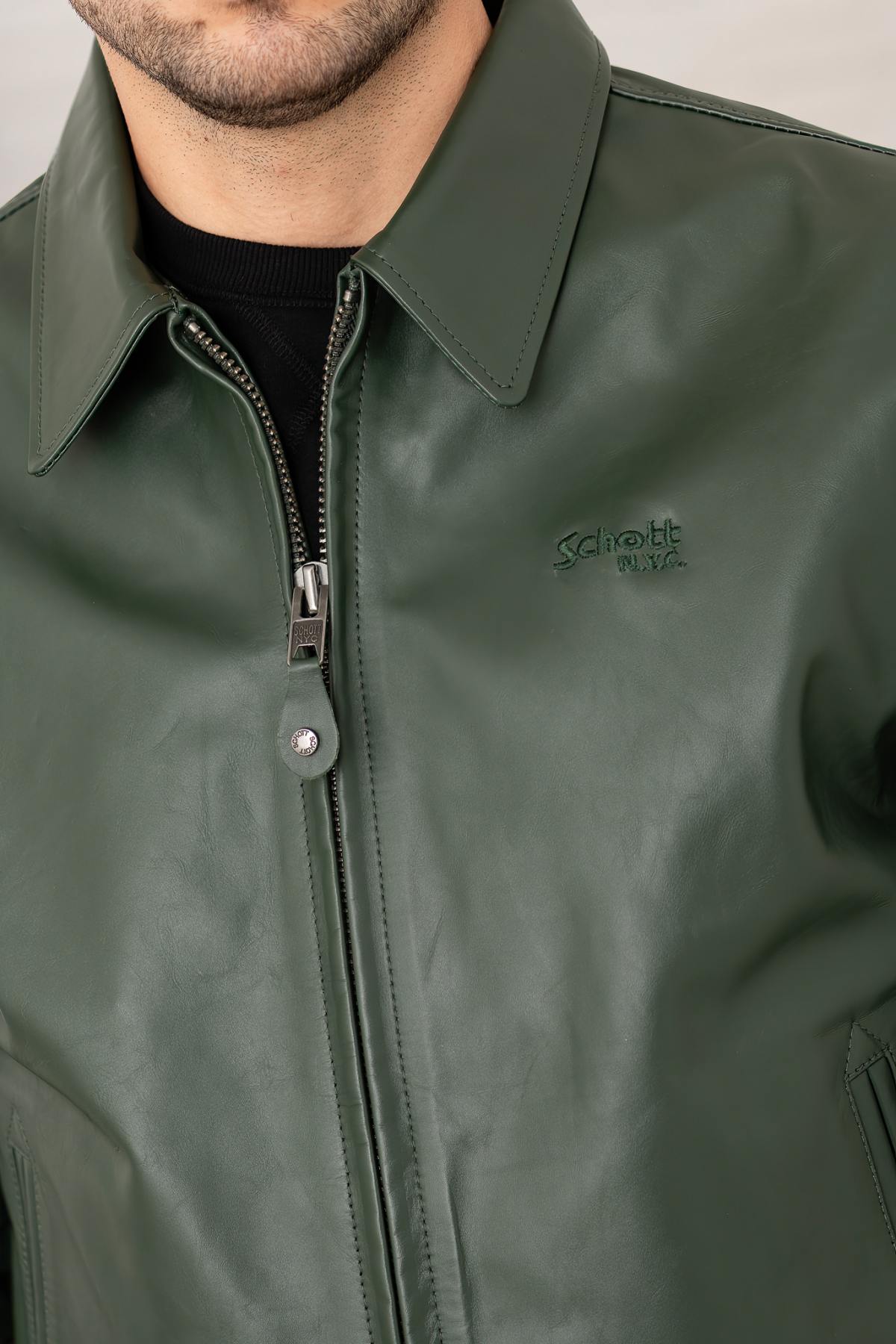 Schott's cowhide leather varsity jacket, green and off-white stripes. - Image n°3