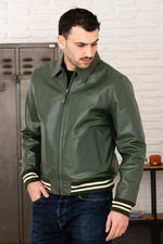 Schott's cowhide leather varsity jacket, green and off-white stripes. - Image n°2
