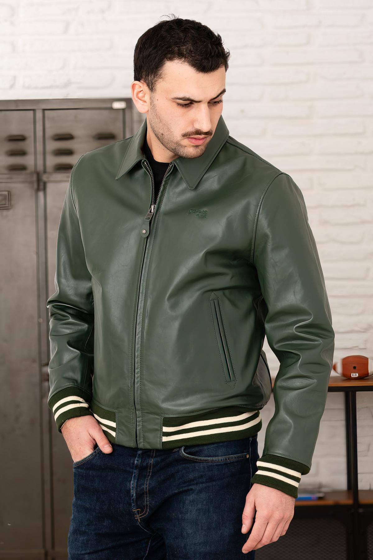 Schott's cowhide leather varsity jacket, green and off-white stripes. - Image n°2