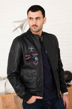 Navy blue biker collar leather jacket with PAF patches - Image n°4
