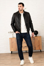 Black PAF leather bomber jacket with shirt collar - Image n°6