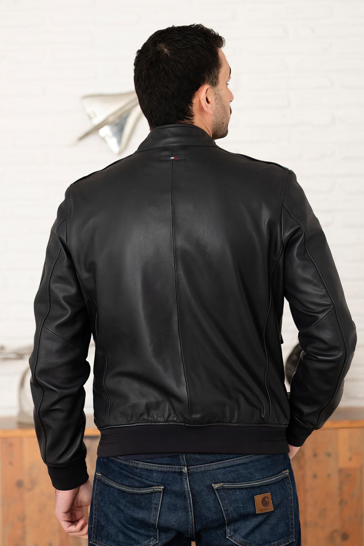 Navy blue biker collar leather jacket with PAF patches - Image n°9