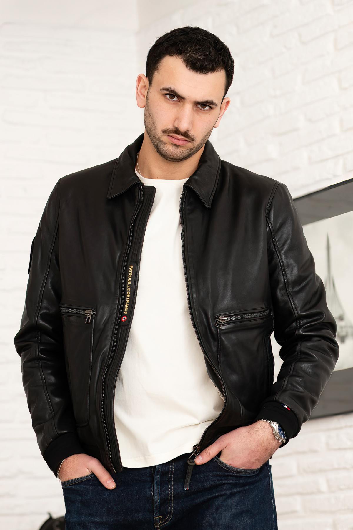 Black PAF leather bomber jacket with shirt collar - Image n°8