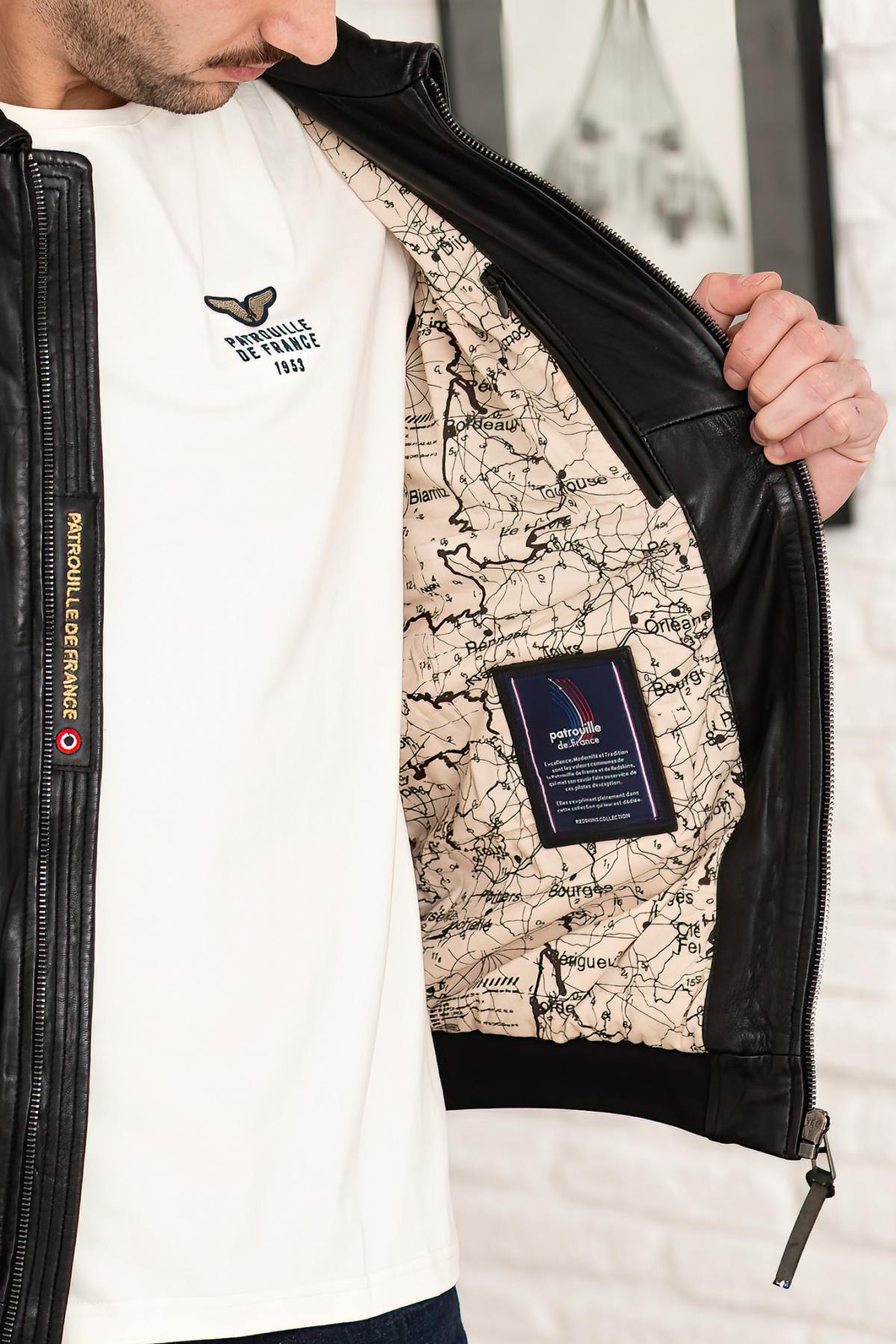 Black PAF leather bomber jacket with shirt collar - Image n°11