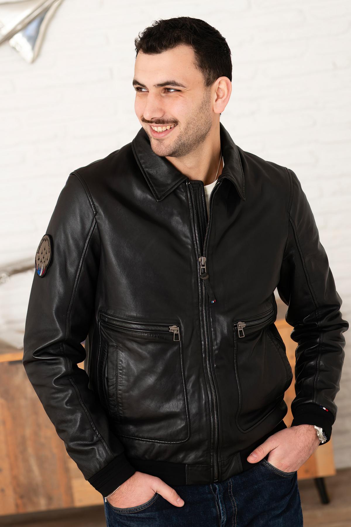 Black PAF leather bomber jacket with shirt collar - Image n°4