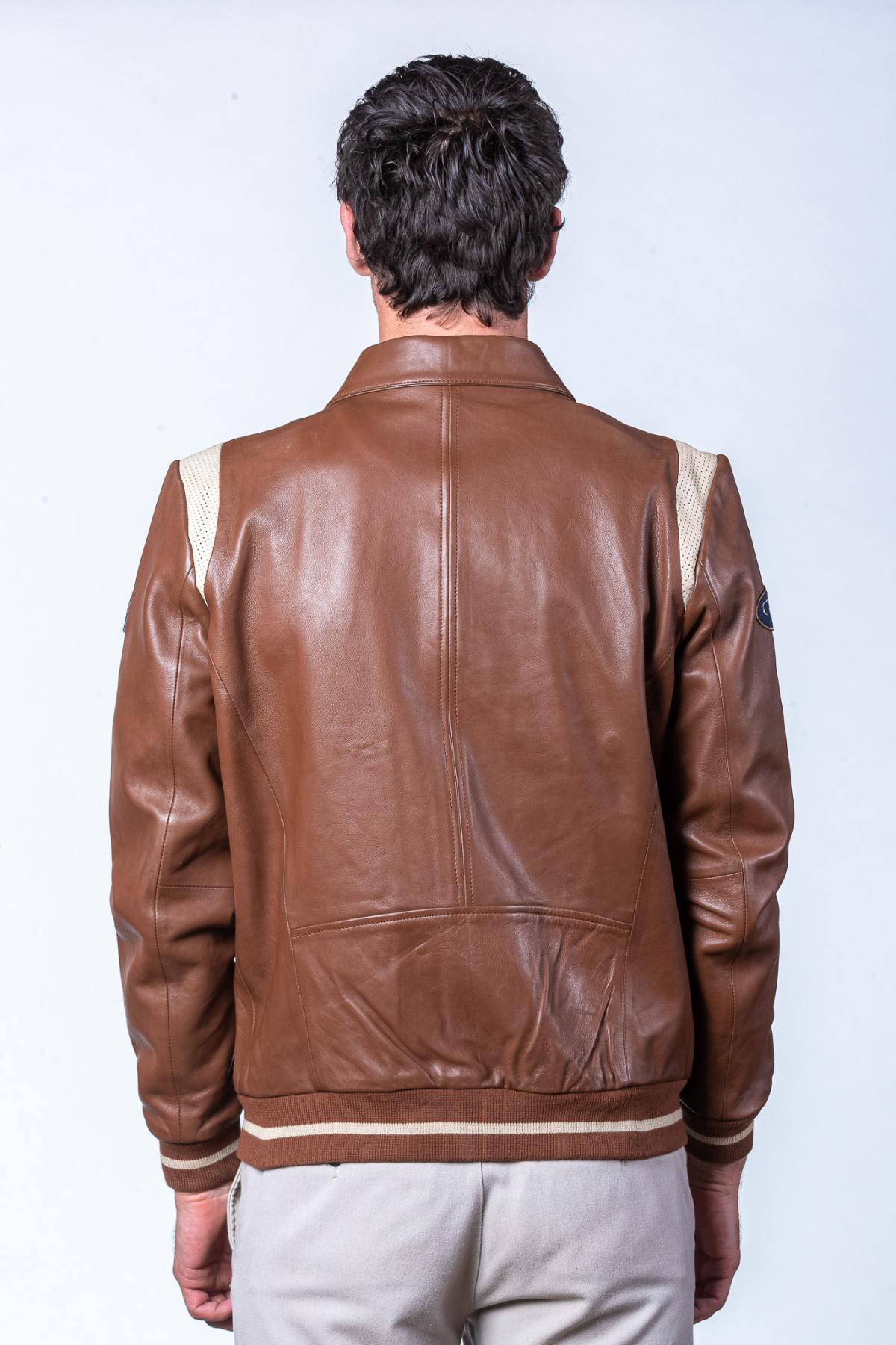 Maroon tortoisesed lambsheep leather jacket, motorsport-inspired. - Image n°2