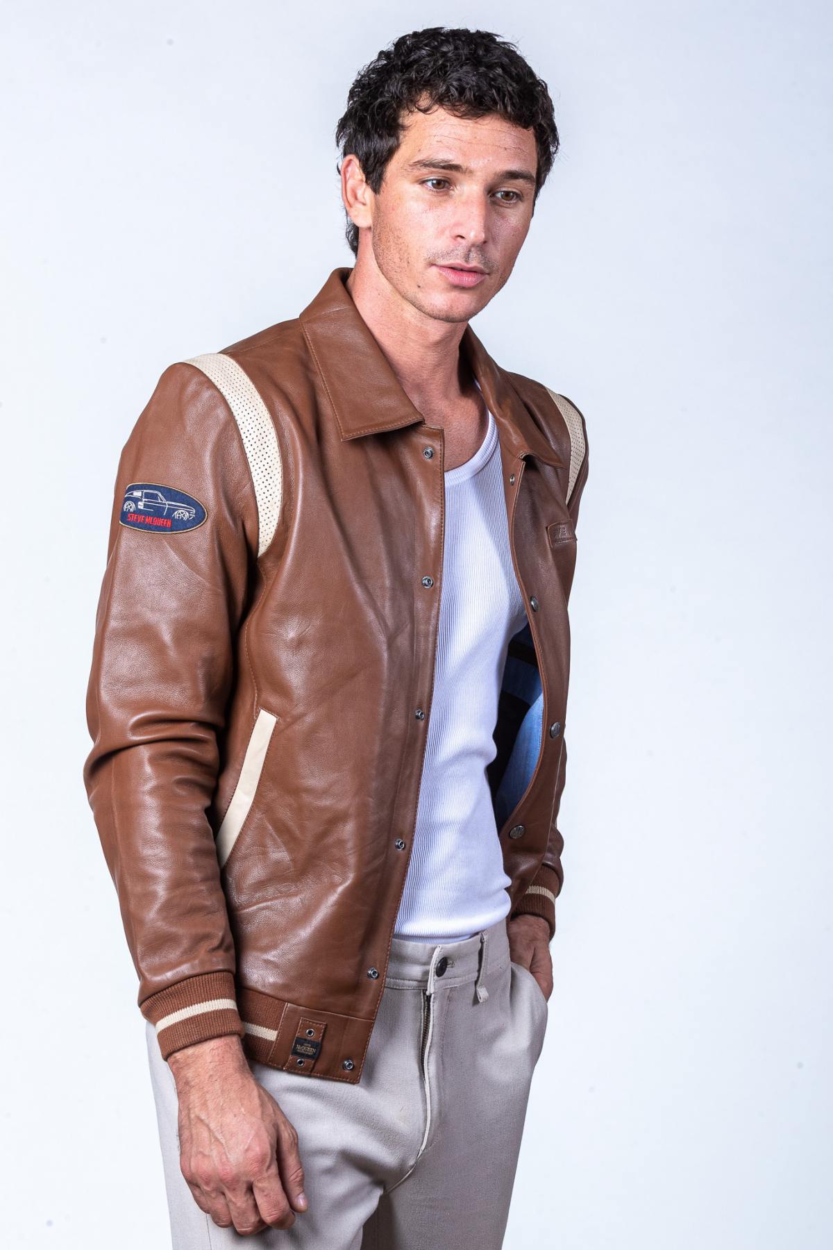 Steve McQueen Tortoise Brown Shirt Collar Leather Jacket - Image n°6