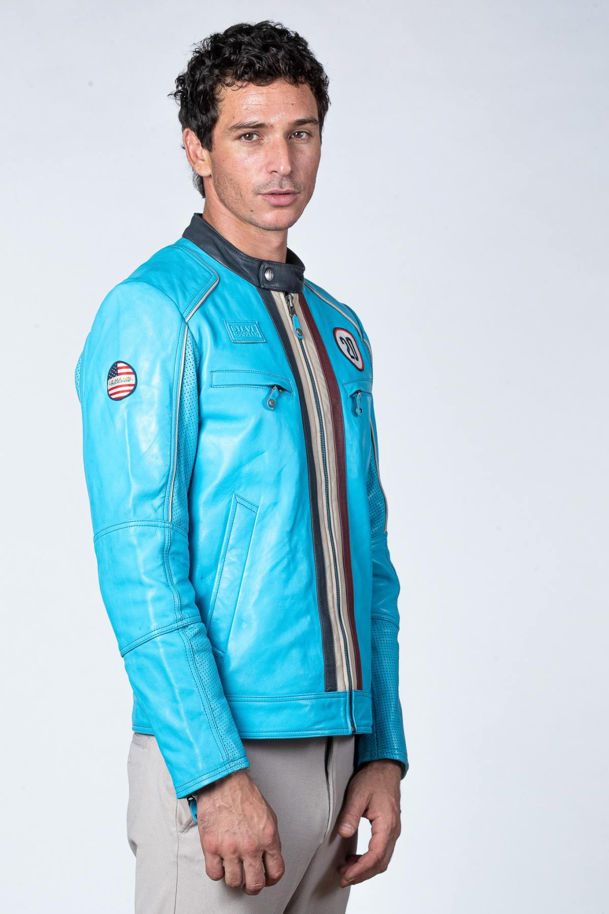 Nordic blue sheepskin jacket with slim fit and racing details. - Image n°13