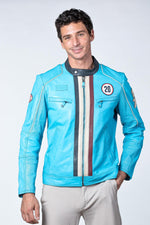 Nordic blue sheepskin jacket with slim fit and racing details. - Image n°12