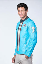 Nordic blue sheepskin jacket with slim fit and racing details. - Image n°10