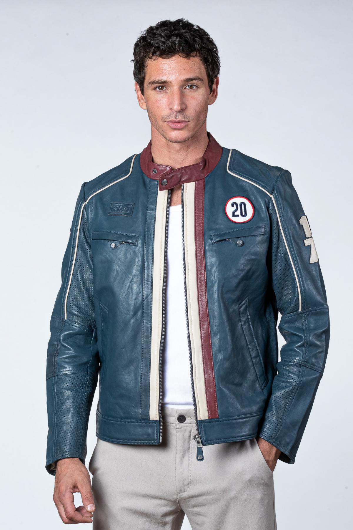 Royal blue leather racing jacket - Image n°5