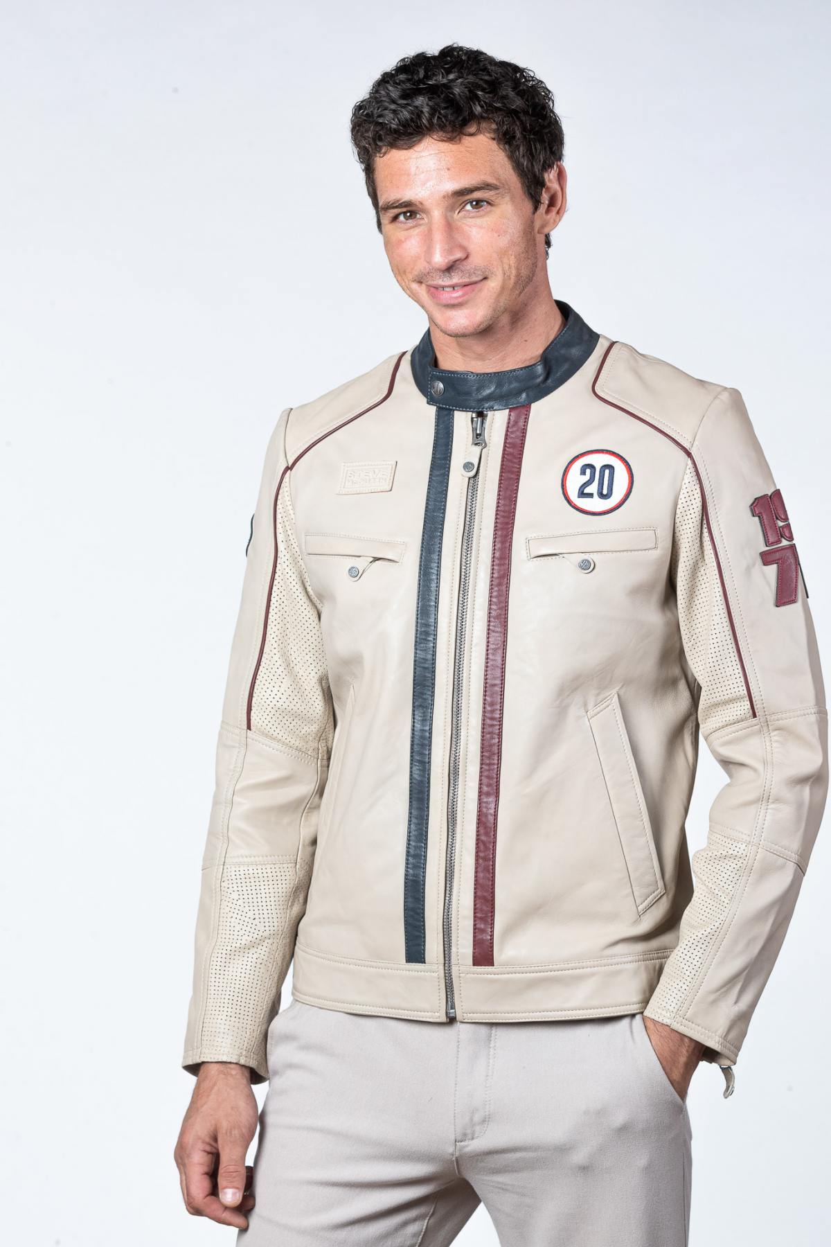Motorsport-inspired ecru sheepskin jacket with timeless regular fit. - Image n°1