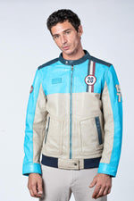 Steve McQueen blue and ecru racing leather jacket - Image n°6
