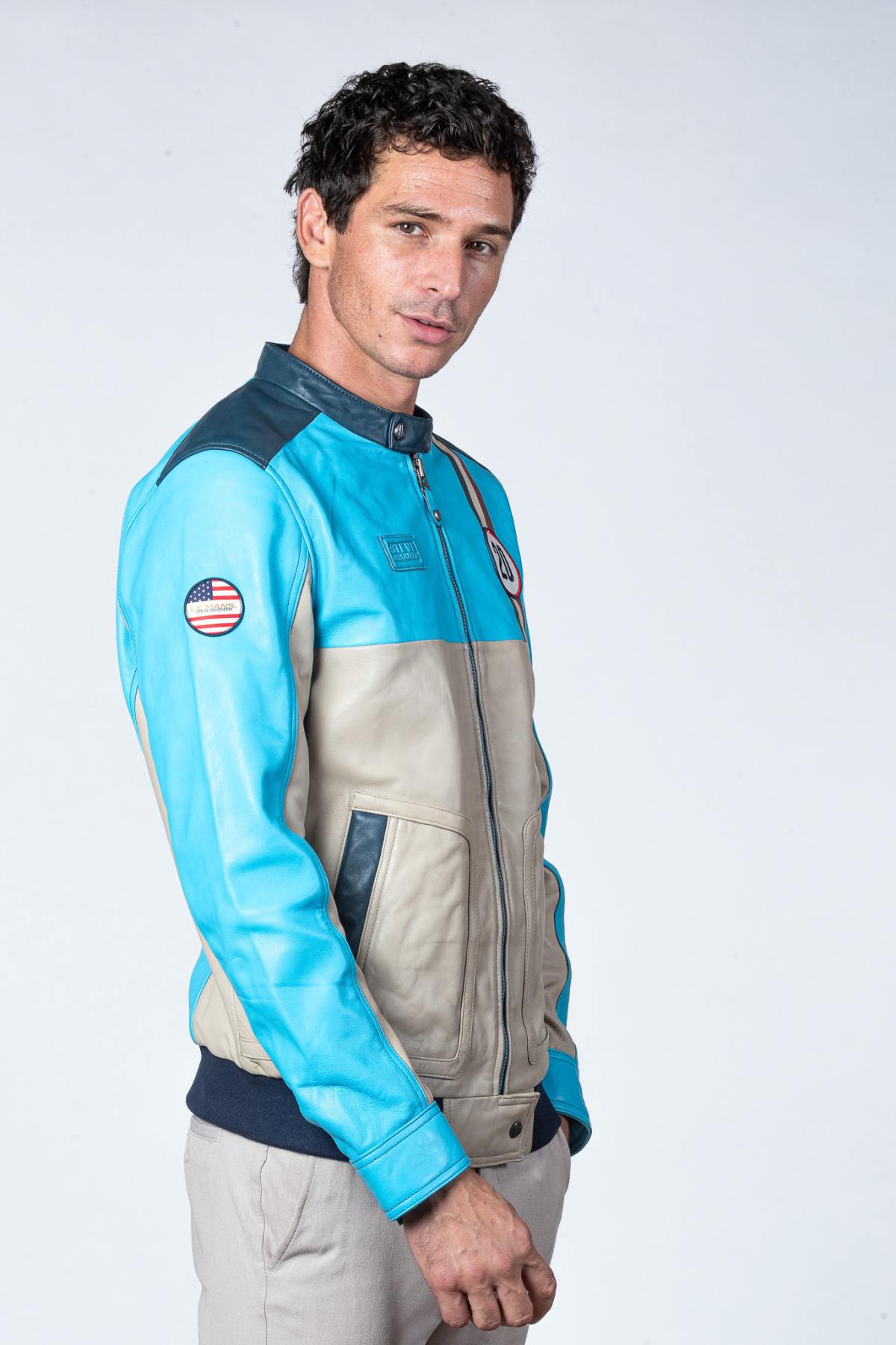 Steve McQueen blue and ecru racing leather jacket - Image n°7