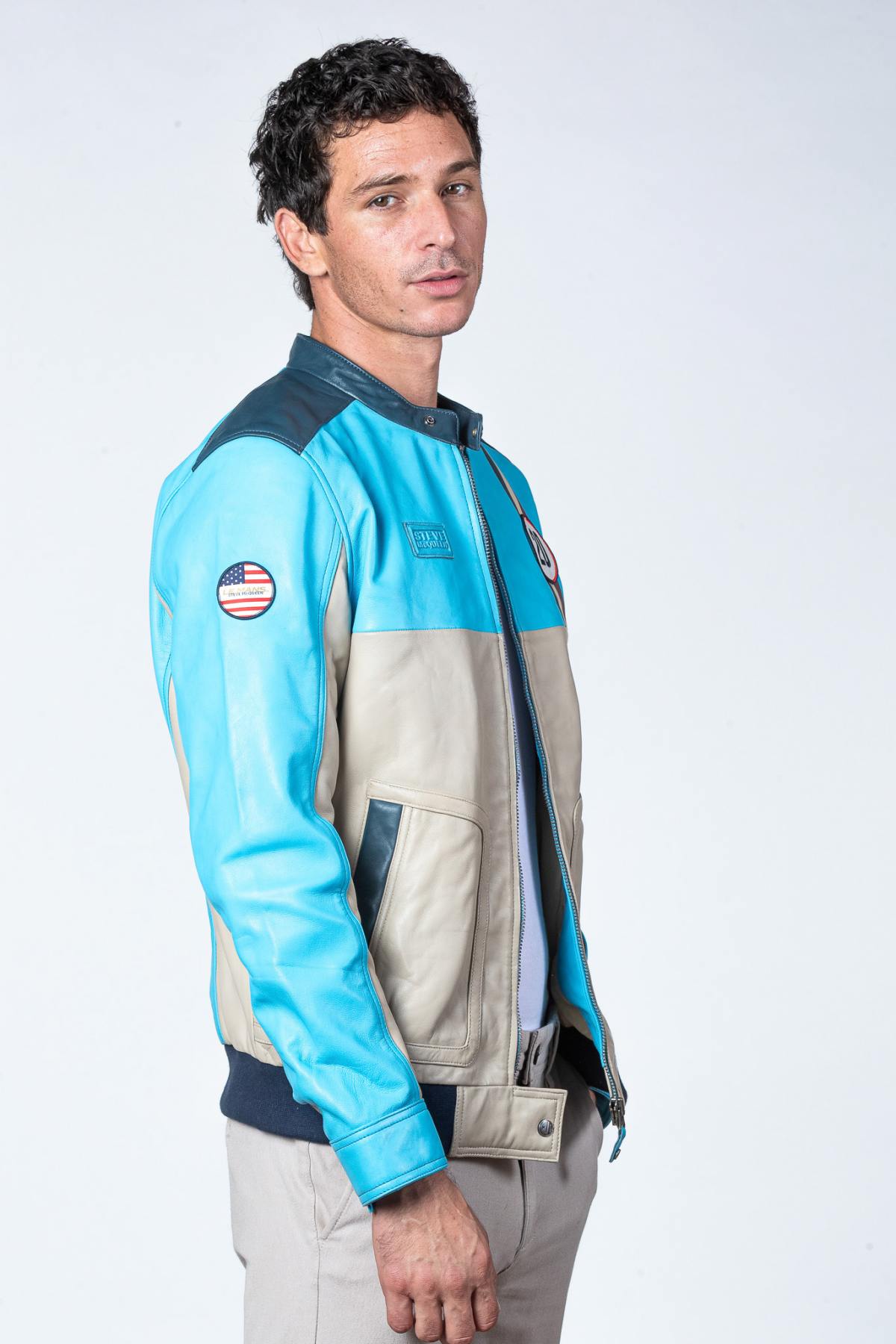 Lamb-soft sheep leather in Nordic blue. Regular fit, biker collar. - Image n°3