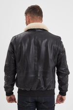 Black leather bomber jacket with sheepskin fur collar - Image n°2
