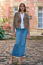 Light tobacco goatskin biker jacket with a soft suede-like finish. - Image n°2