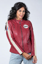 Racing red sheepskin jacket, slim and sporty, for a feminine touch. - Image n°1