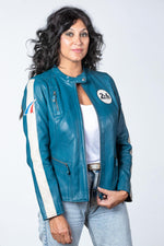 Lightweight sheep leather jacket in ocean blue, slim and biker-styled. - Image n°4