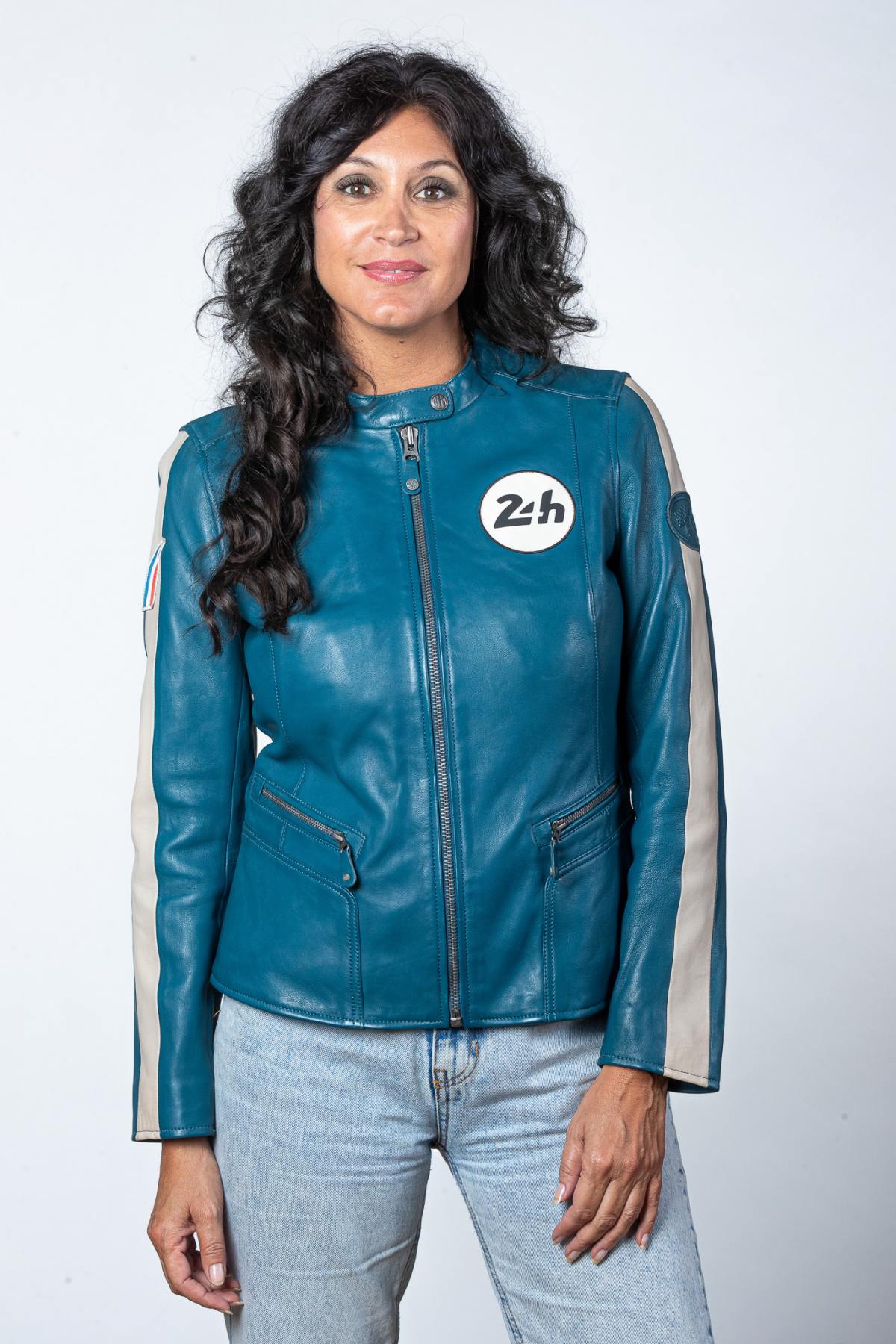 Lightweight sheep leather jacket in ocean blue, slim and biker-styled. - Image n°2