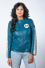 Lightweight sheep leather jacket in ocean blue, slim and biker-styled. - Image n°2