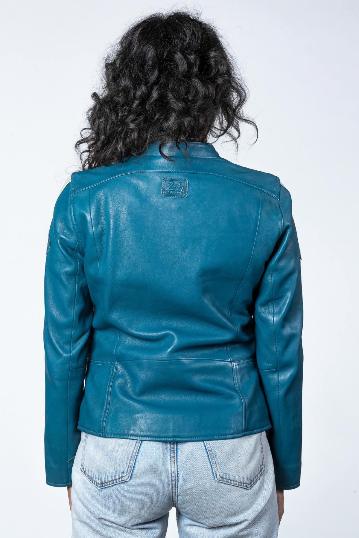 Lightweight sheep leather jacket in ocean blue, slim and biker-styled. - Image n°3