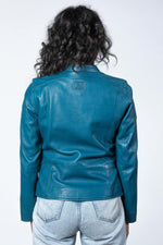 Lightweight sheep leather jacket in ocean blue, slim and biker-styled. - Image n°3