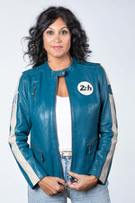Lightweight sheep leather jacket in ocean blue, slim and biker-styled. - Image n°1