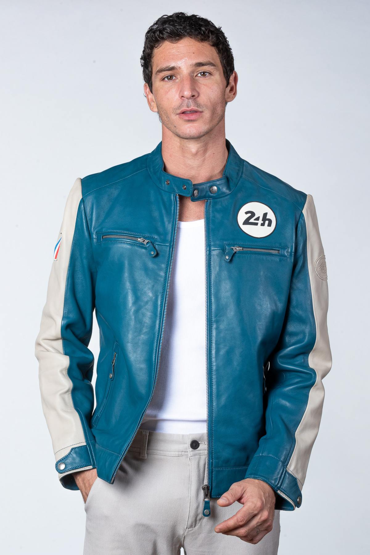 Ocean blue leather jacket with biker collar - Image n°1