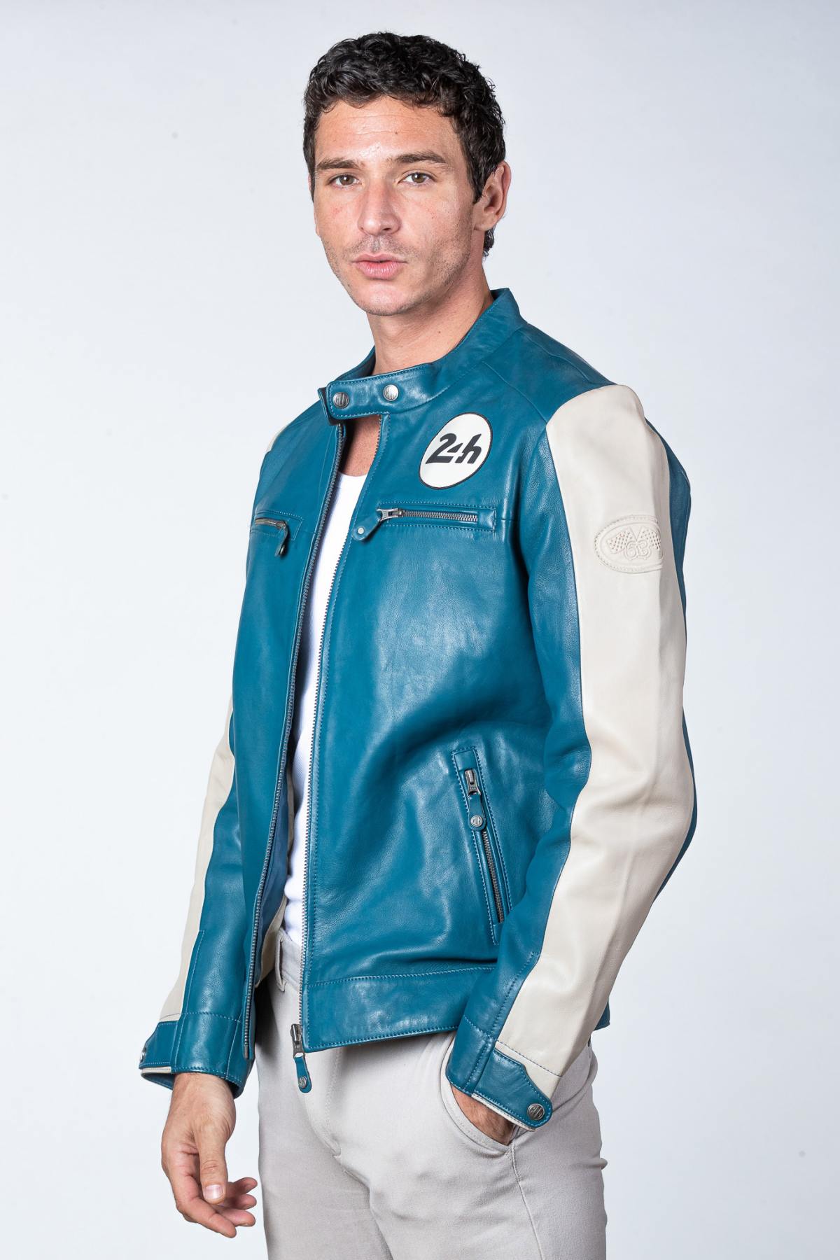 Ocean blue leather jacket with biker collar, vegetable tanning - Image n°2