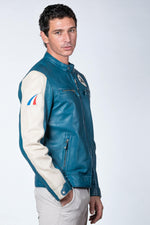 Ocean blue leather jacket with biker collar - Image n°6
