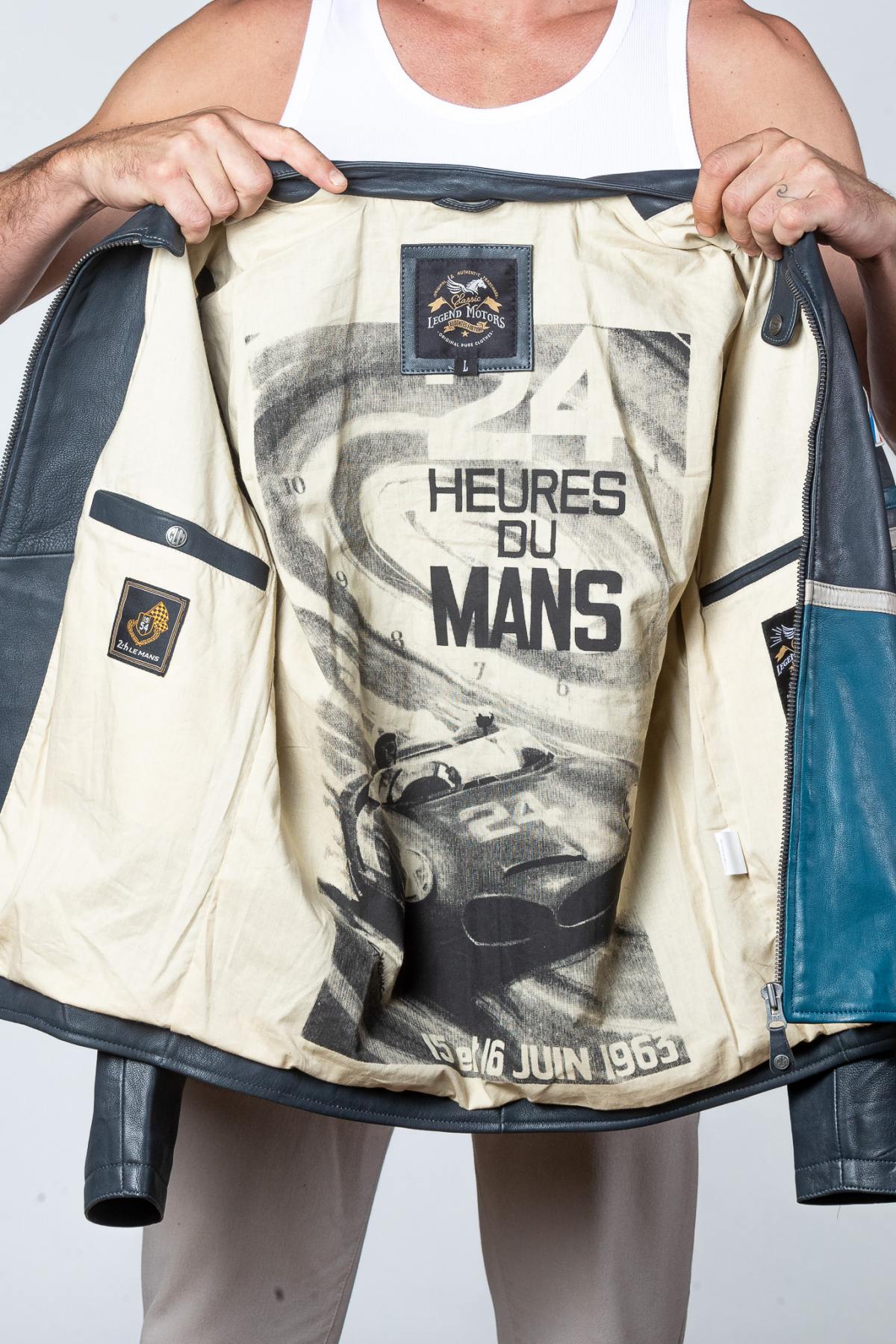 Tricolor racing leather jacket with biker collar - Image n°2