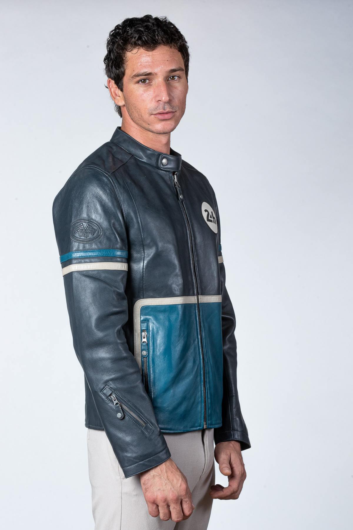 Tricolor racing leather jacket with biker collar - Image n°4