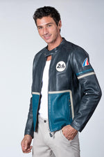 Tricolor racing leather jacket with biker collar - Image n°3