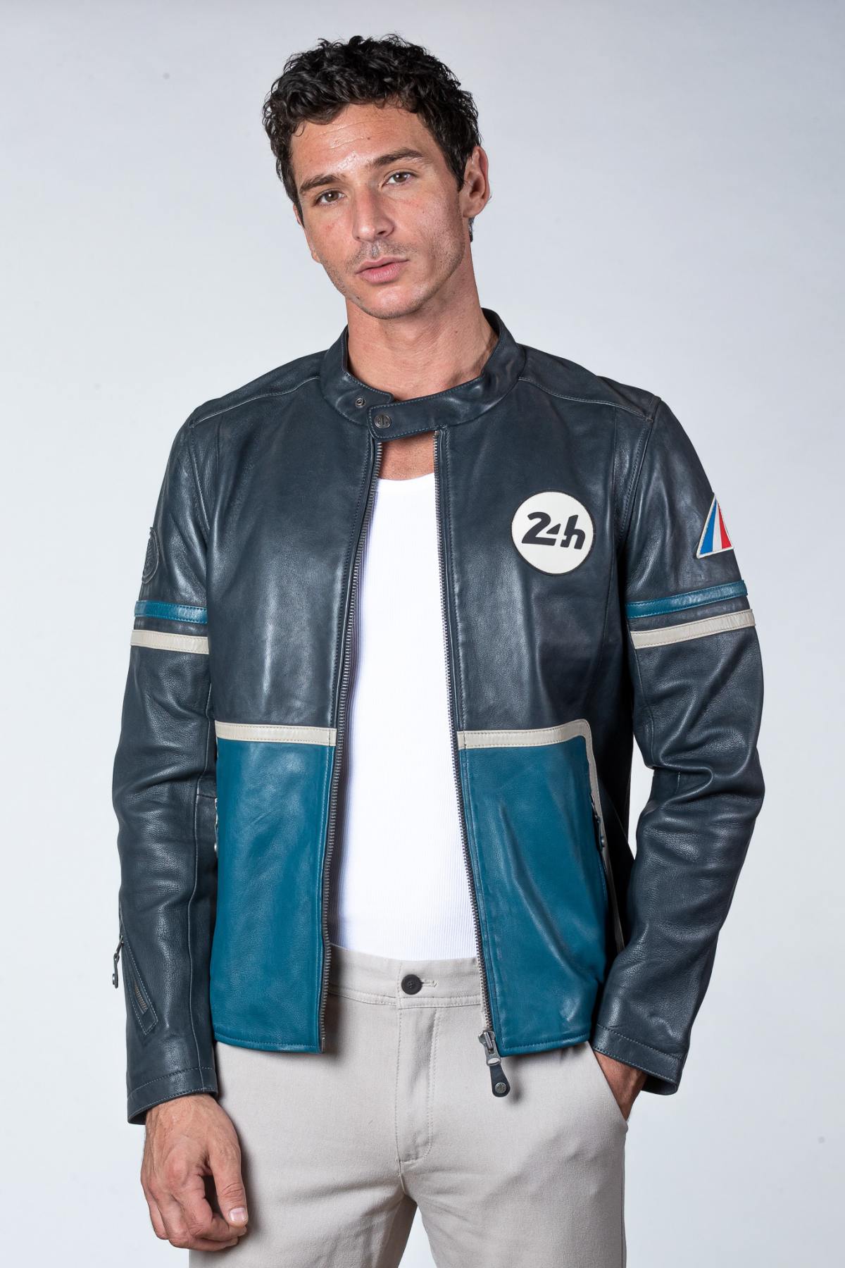 Tricolor racing leather jacket with biker collar - Image n°5