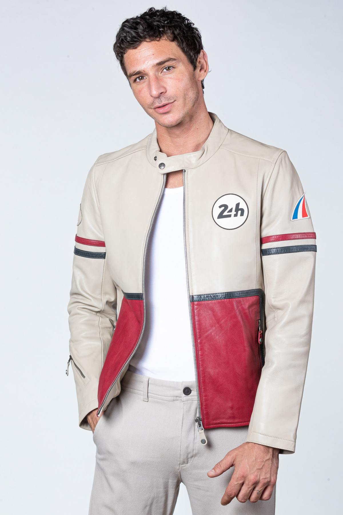 Tricolor racing leather jacket with biker collar - Image n°5
