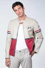 Tricolor racing leather jacket with biker collar - Image n°1