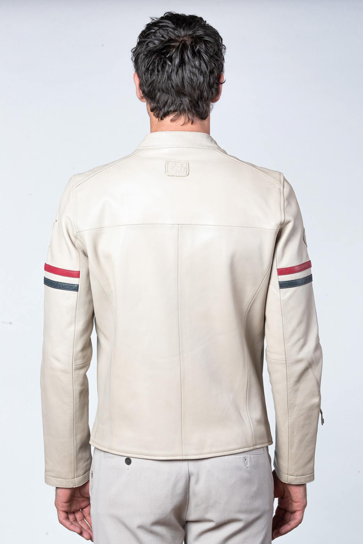 Tricolor racing leather jacket with biker collar - Image n°3