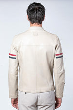 Tricolor racing leather jacket with biker collar - Image n°3