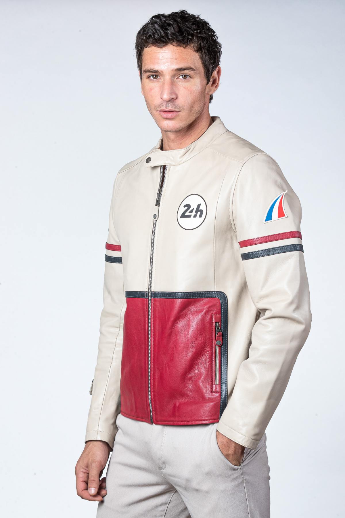 Tricolor racing leather jacket with biker collar - Image n°2